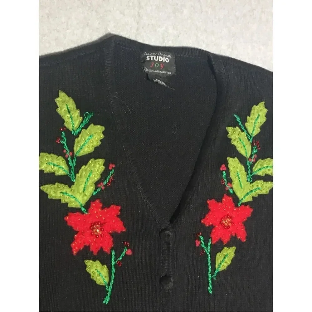 Womens Designers Originals Vest Size XL Christmas Flowers Black Red Holidays